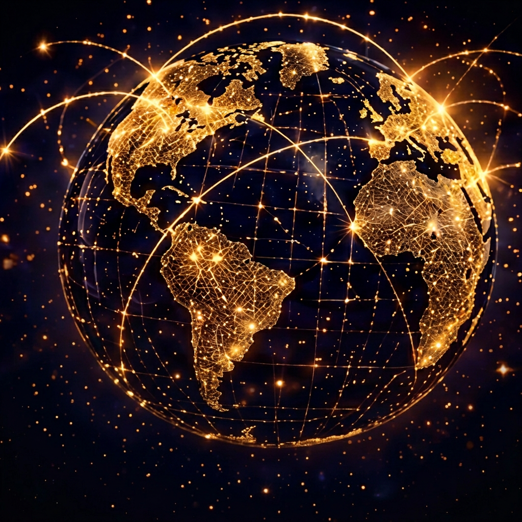 Glowing golden globe with connections