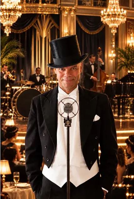 Dennis Durant in a black top hat and white evening waistcoat in front of golden chandeliers and orchestra