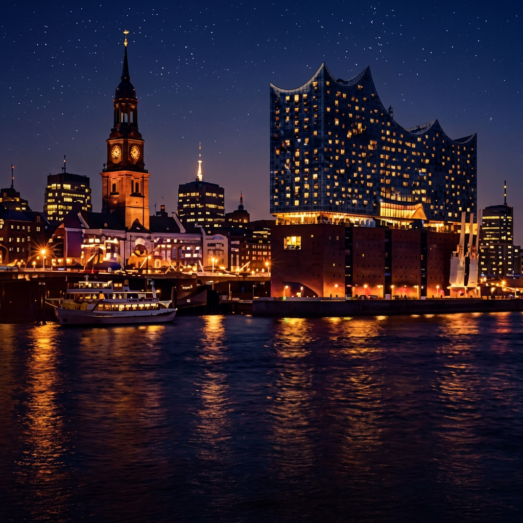 Hamburg harbour skyline with the Elbphilharmonie at night