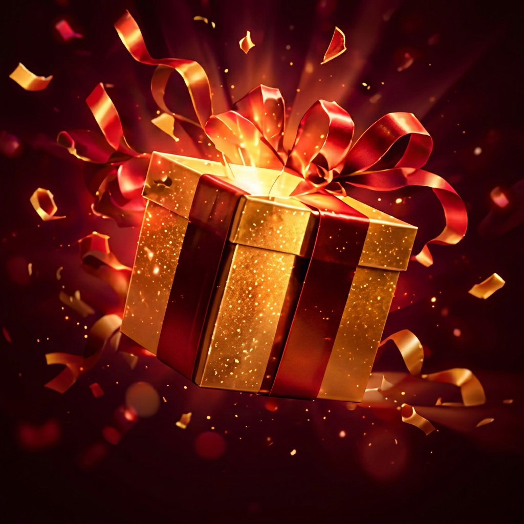 Golden gift box with red ribbon and confetti