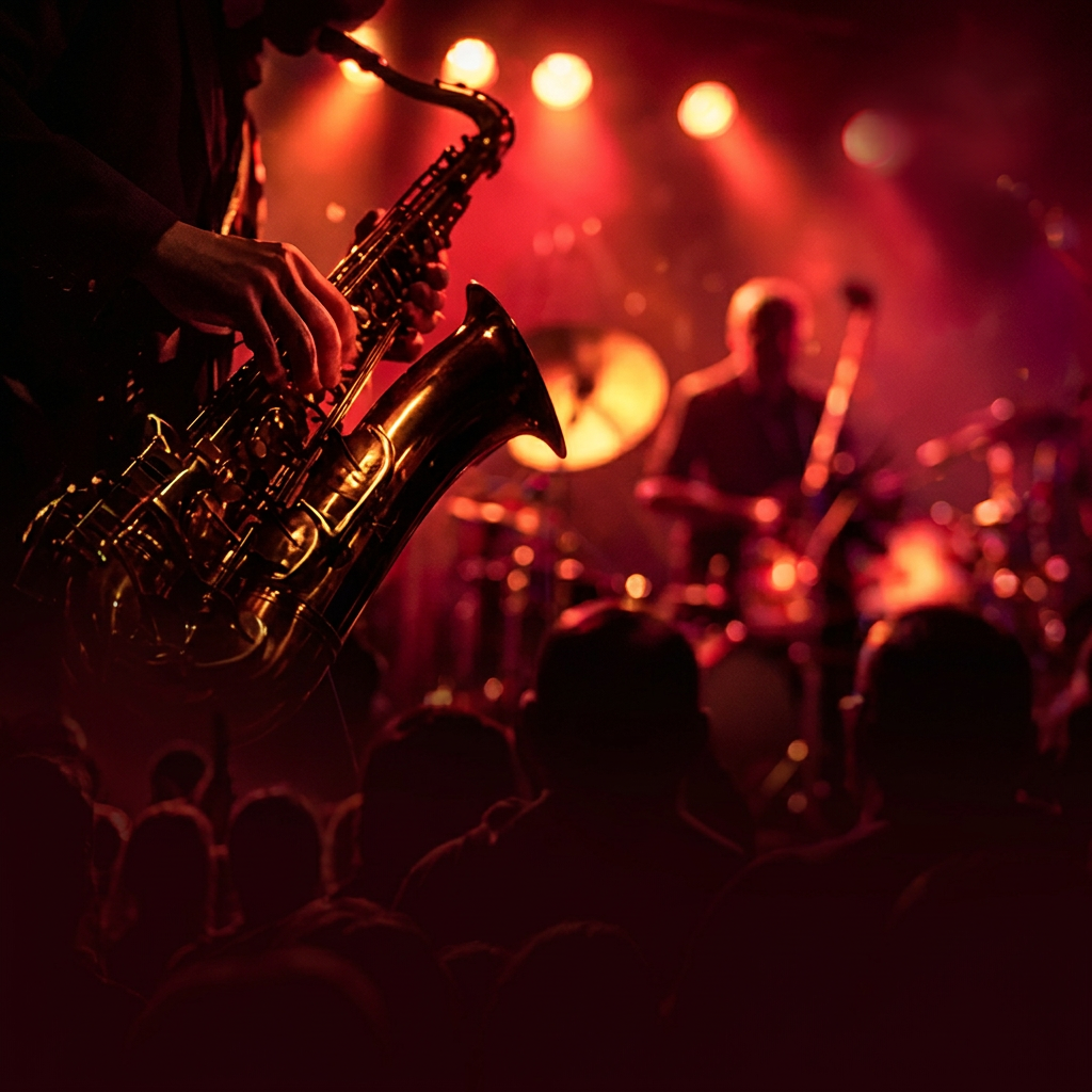 Saxophonist and live band on a red-lit stage