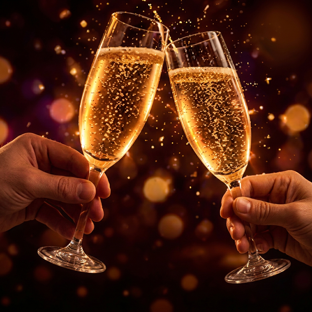 Two champagne glasses clinking