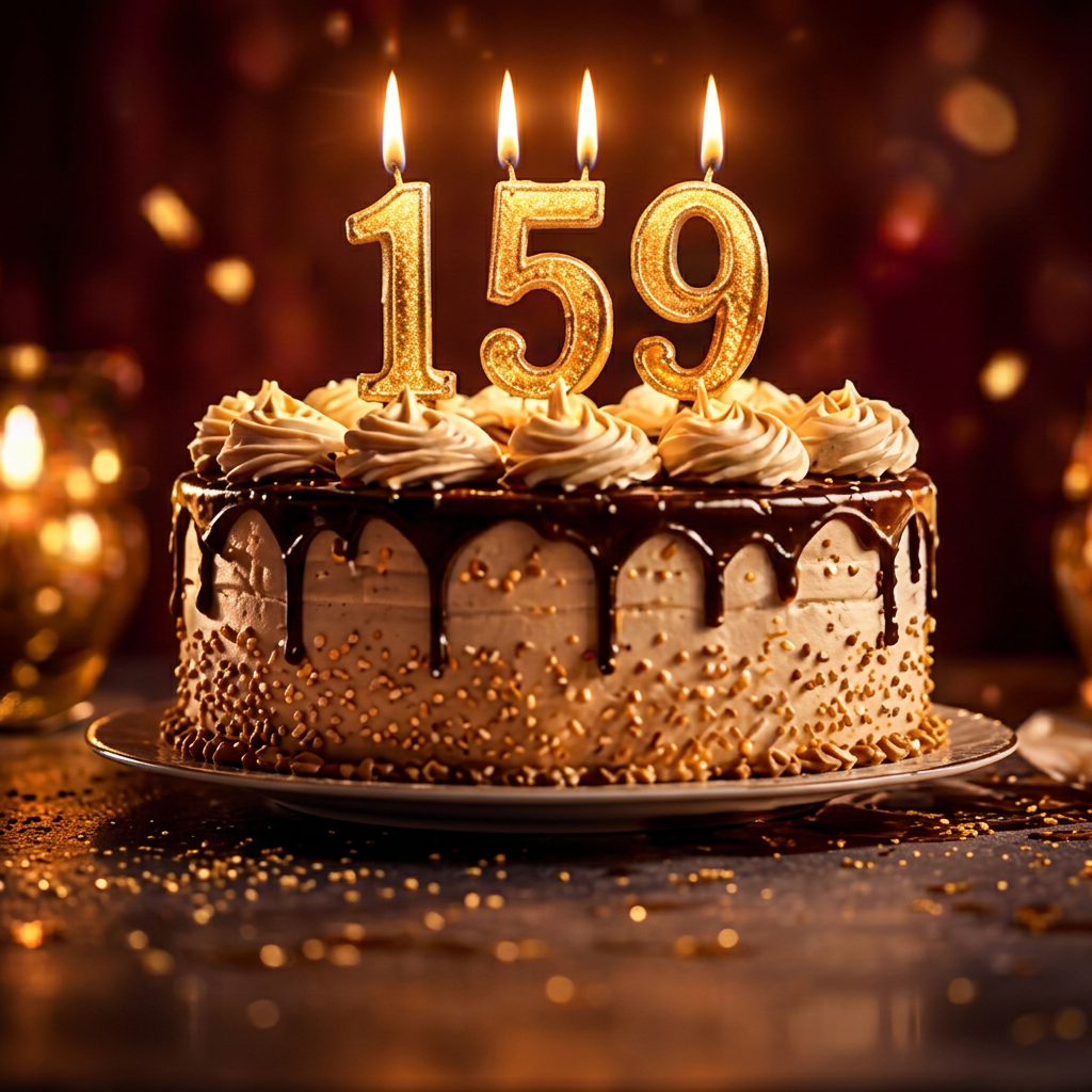 Birthday cake with golden 159 candles