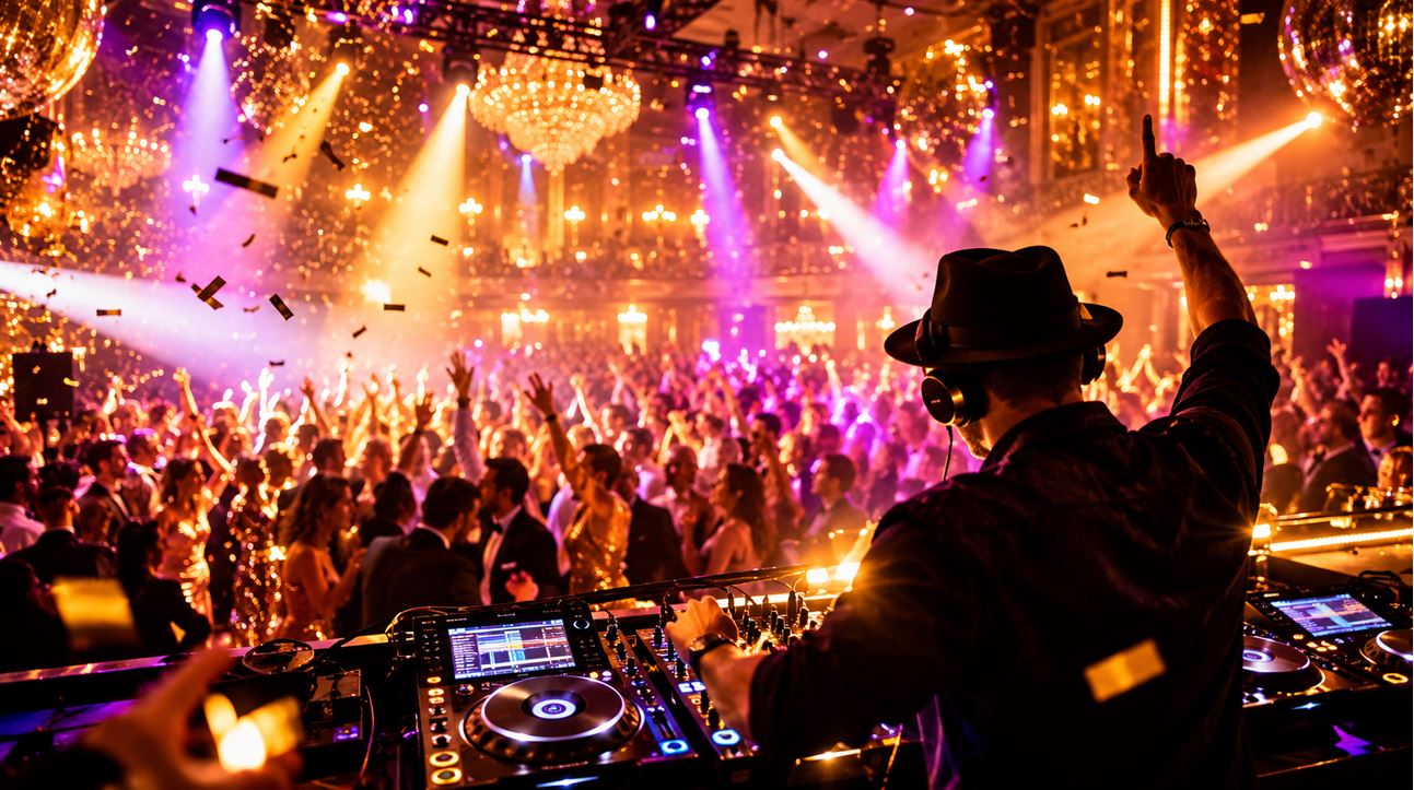 DJ at the decks overlooking a packed dance floor in a chandelier-lit ballroom