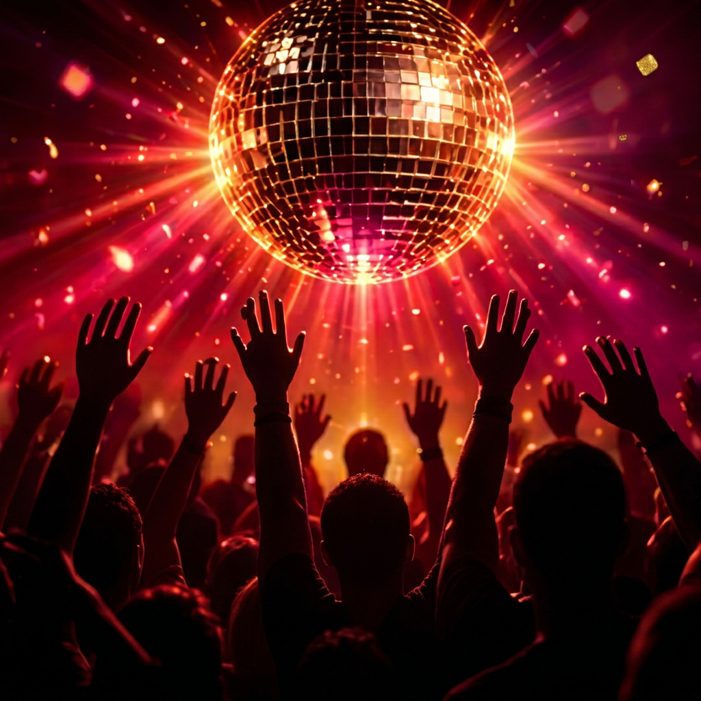 Disco ball above a dancing crowd